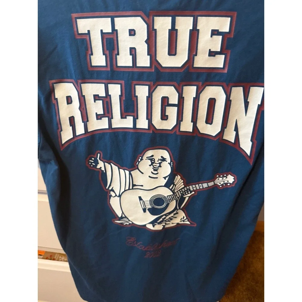 True Religion Blue T Shirt Buddha Guitar Graphic Short Sleeve Crew Neck-‎ small